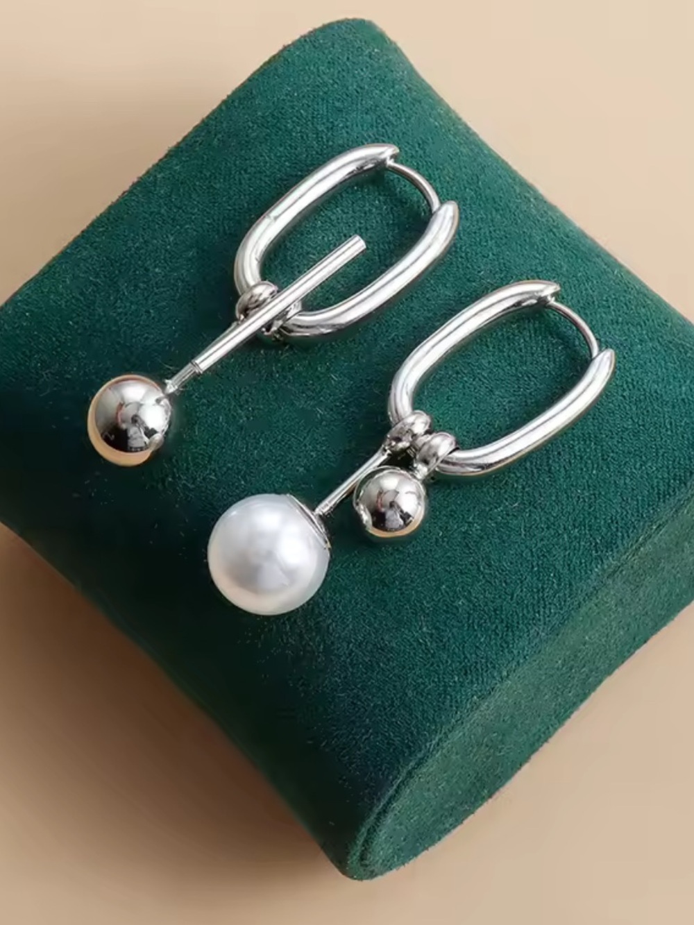 Silver Hoop Earrings with White Pearl Drop